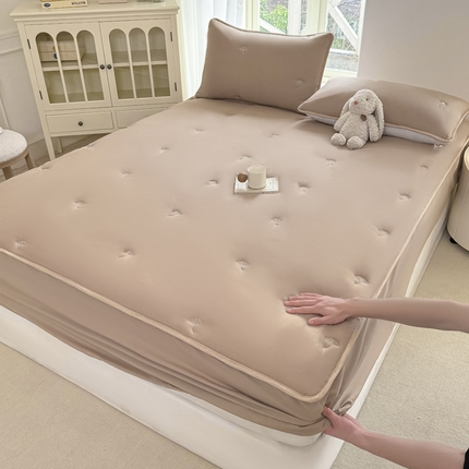  2025新款A类亲肤大豆棉刺绣夹棉床笠床褥学生床垫 银杏叶驼