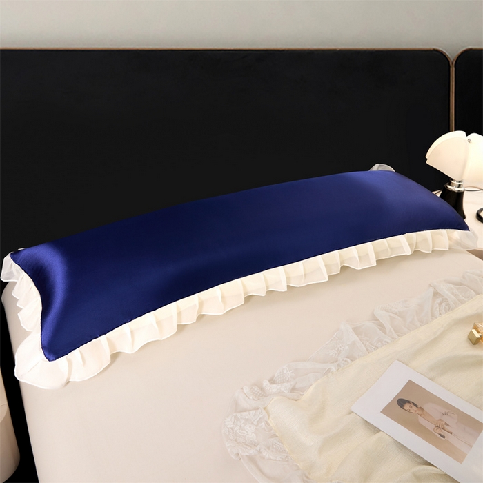 91家纺网 家纺一手货源 找家纺 梦舒羽 2025新款公主风夏季冰丝枕套双人情侣枕头套加长枕芯套1.5m内胆套 花边款-深海蓝