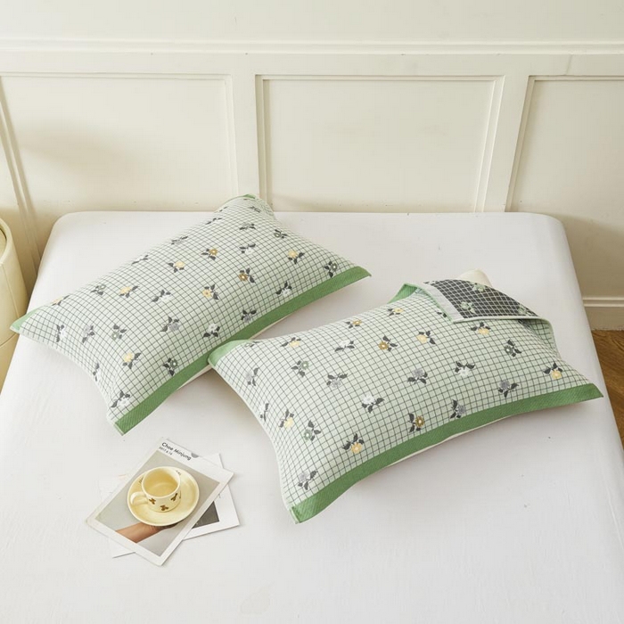 91家纺网 家纺一手货源 找家纺 2025新款纯棉加厚精梳棉纱布枕巾 花韵-浅绿 52*78cm/对