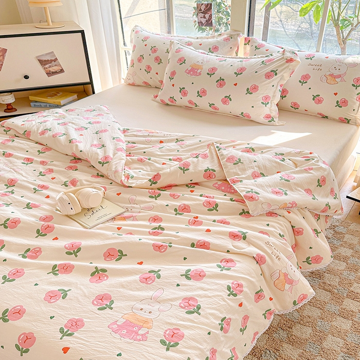 91家纺网 家纺一手货源 找家纺 创优  2025新款有氧双层纱小清新印花小花边夏被夏凉被可机洗空调被子被芯 曼塔玫瑰