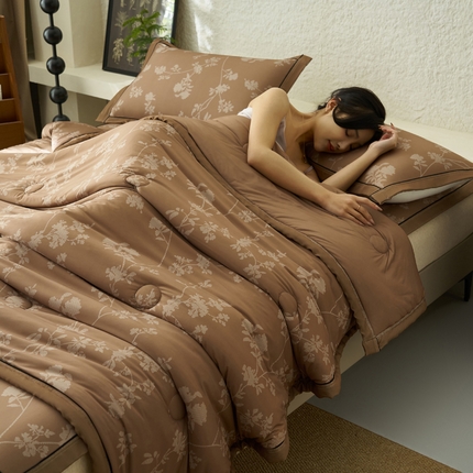 晨曦2025春夏新款凉感丝轻奢风凉席夏被四件套夏凉被空调被 叶语-咖