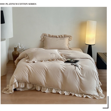 91家纺网 家纺一手货源 找家纺 名品优仓 2025新款纯棉水洗棉双层纱提花手工花韩版花边四件套 思颍-黎沙棕