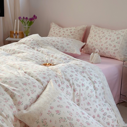 91家纺网 家纺一手货源 找家纺 （总） 2025新款A类针织棉双层纱蕾丝花边四件套