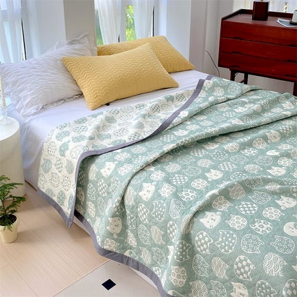  2025新款a类全棉三层纱多功能毛巾被盖毯床单夏被空调被 百变猫咪-绿
