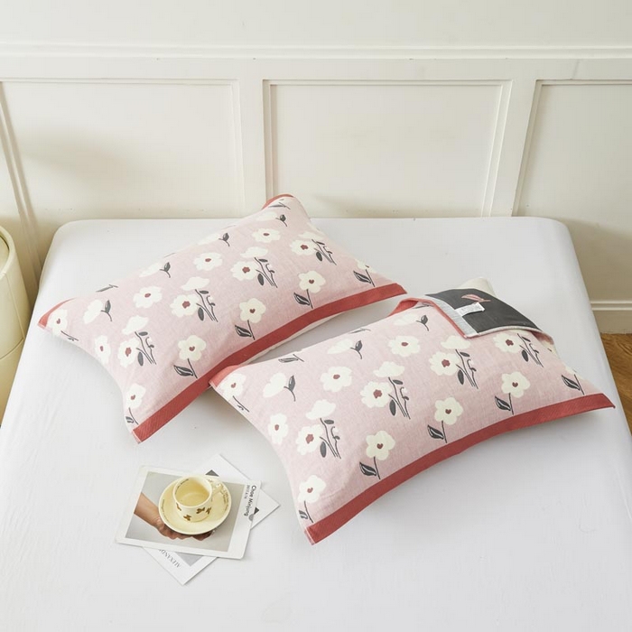 91家纺网 家纺一手货源 找家纺 2025新款纯棉加厚精梳棉纱布枕巾 夏至-粉 52*78cm/对