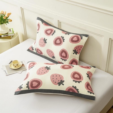 2025新款纯棉加厚精梳棉纱布枕巾 草莓巧心-米黄 52*78cm/对