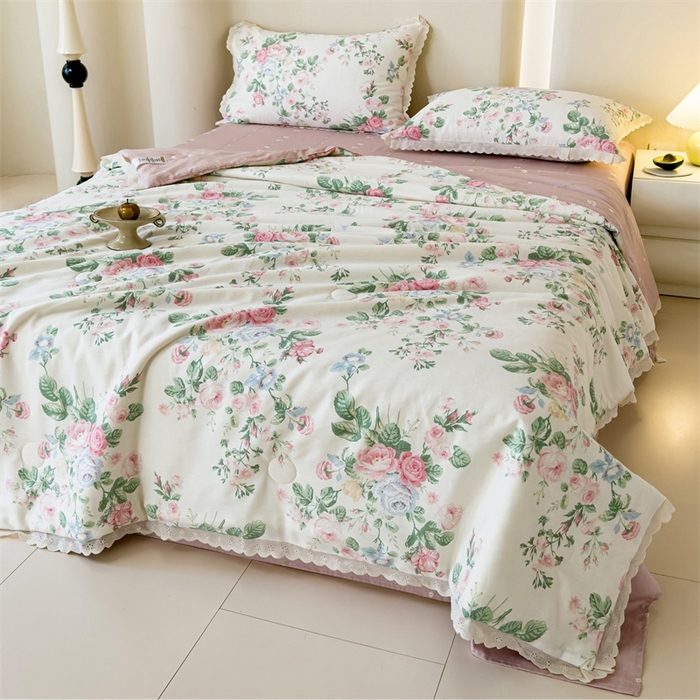 91家纺网 家纺一手货源 找家纺 2025新款全棉花边大豆夏被四件套 可妮露