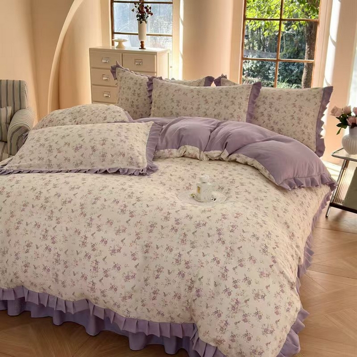 91家纺网 家纺一手货源 找家纺 大麦家纺 2025年新款法式亲肤棉床盖四件套 紫苑