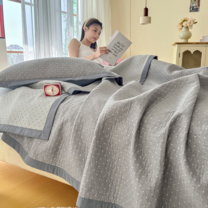 91家纺网 家纺一手货源 找家纺 棠薇家纺2025新款简约风多功能纱布盖毯纱布毯子毛巾被床盖沙发巾单毯枕巾枕套三件套 波点