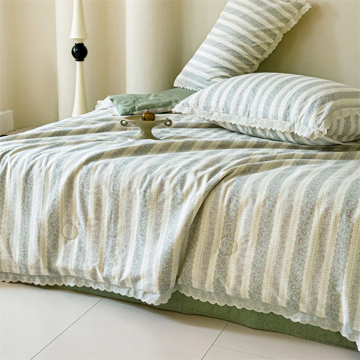 91家纺网 家纺一手货源 找家纺 2025新款全棉花边大豆夏被四件套 半岛茶歇-绿