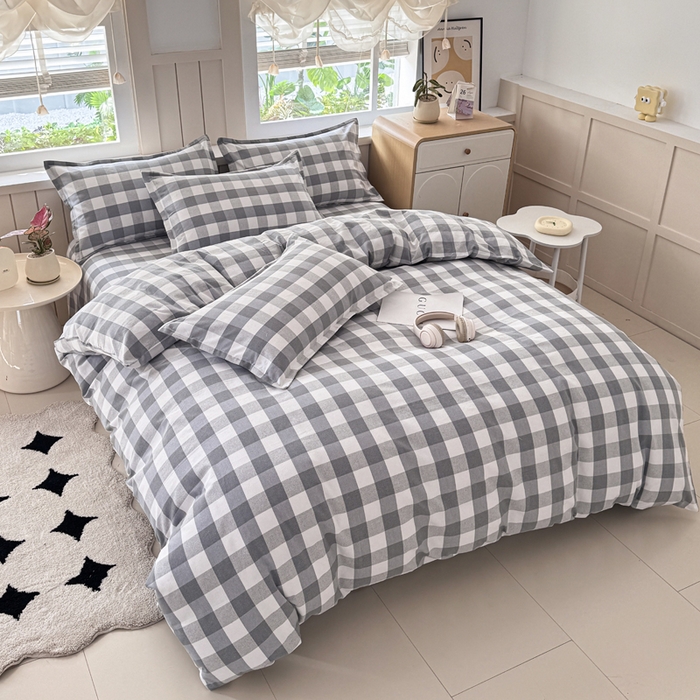 91家纺网 家纺一手货源 找家纺 首爱家纺 2025新款色织老粗布四件套全棉四件套纯棉四件套 棋盘