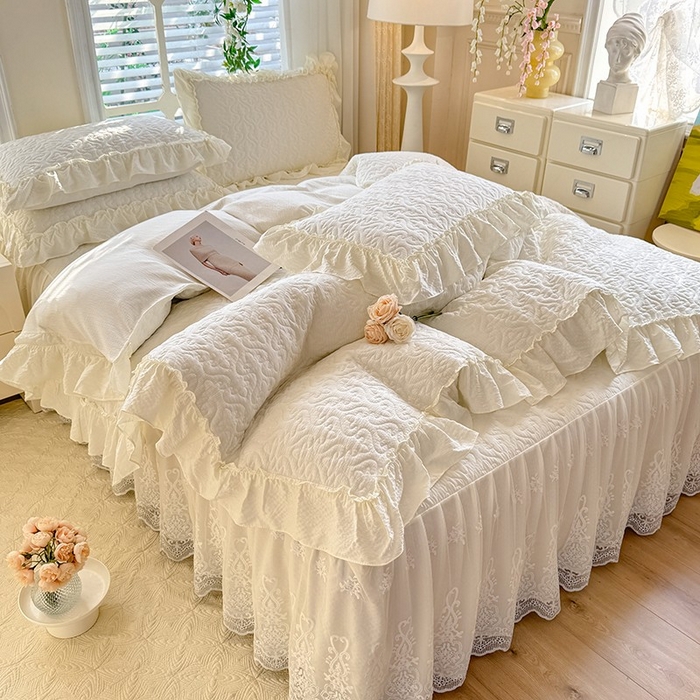 91家纺网 家纺一手货源 找家纺 2025新款A类华夫格大豆棉床裙四件套-梦幻花园 梦幻花园-米