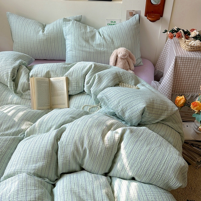 91家纺网 家纺一手货源 找家纺 田野2025新款全棉皱皱纱四件套 小半-绿紫