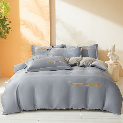 七仙女家纺 2025新款水洗真丝-梦幻家园系列四件套 静谧兰+浅灰银
