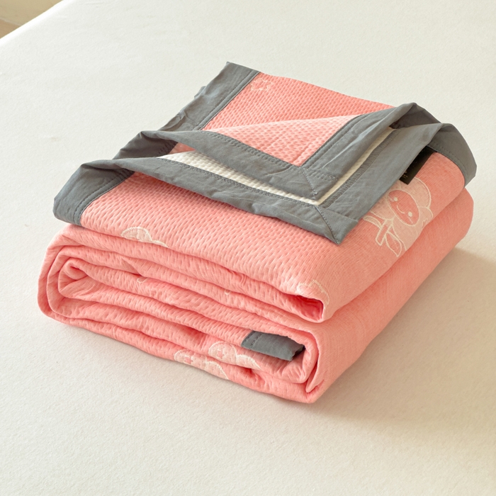 91家纺网 家纺一手货源 找家纺 2025新款A类纯棉针织三层纱提花多功能毯 粉色-向阳花