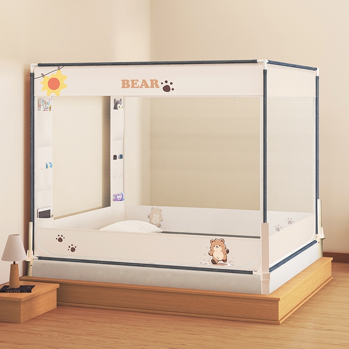 91家纺网 家纺一手货源 找家纺 青竹苑 2025新款围栏支架口袋款坐床防摔蚊帐 快乐熊