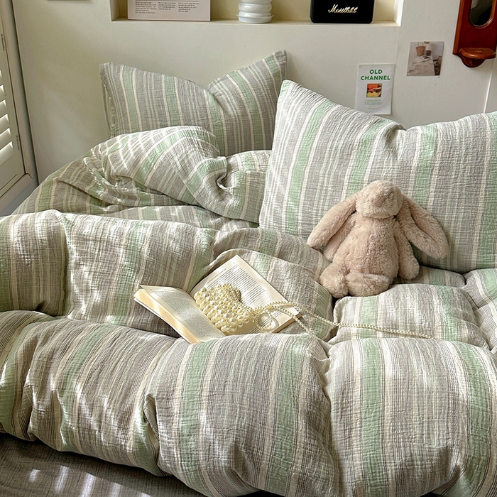 91家纺网 家纺一手货源 找家纺 田野2025新款全棉皱皱纱四件套 时予-灰绿