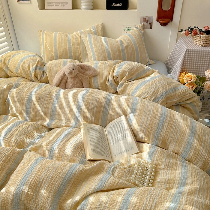 91家纺网 家纺一手货源 找家纺 田野2025新款全棉皱皱纱四件套 时予-桔兰