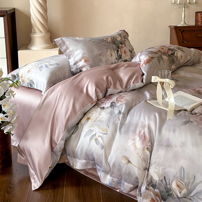 91家纺网 家纺一手货源 找家纺 2025春夏新品数码印花60兰精天丝宽边工艺款四件套 倾城-豆沙