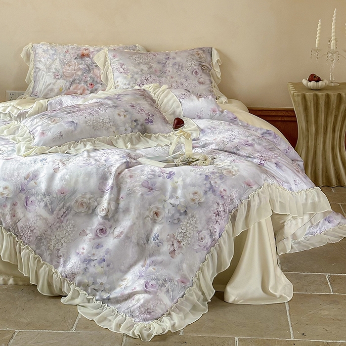 91家纺网 家纺一手货源 找家纺 沐晴家纺 2025春夏新品数码印花60兰精天丝云纱四件套 繁夏-紫