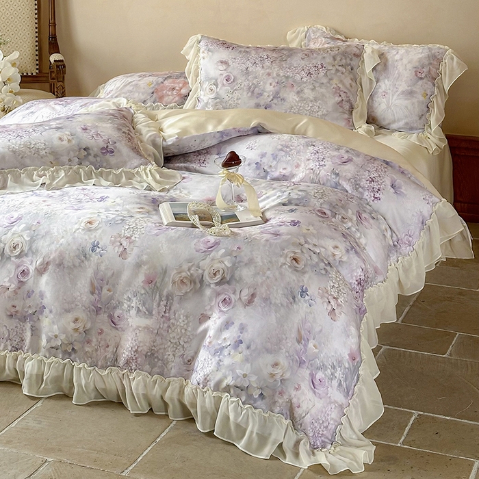 91家纺网 家纺一手货源 找家纺 沐晴家纺 2025春夏新品数码印花60兰精天丝云纱四件套 繁夏-紫