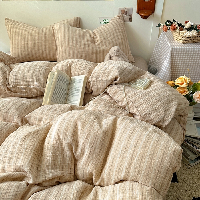 91家纺网 家纺一手货源 找家纺 田野2025新款全棉皱皱纱四件套 小半-奶茶棕