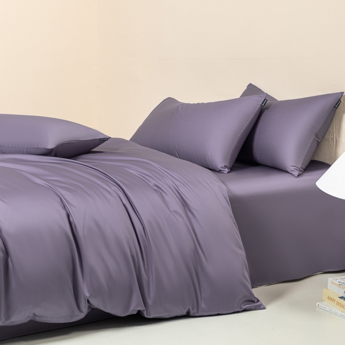 91家纺网 家纺一手货源 找家纺 舒慕家纺 2025新款100s高支贡缎长绒棉纯色四件套双拼四件套（送包装） 香芋紫