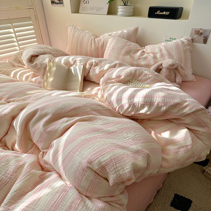 91家纺网 家纺一手货源 找家纺 田野2025新款全棉皱皱纱四件套 半夏-粉