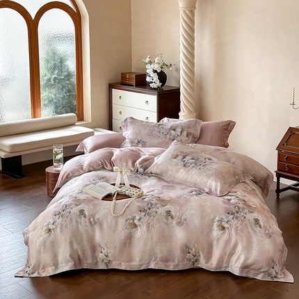 2025春夏新品数码印花60兰精天丝宽边工艺款四件套 奥菲娜-粉