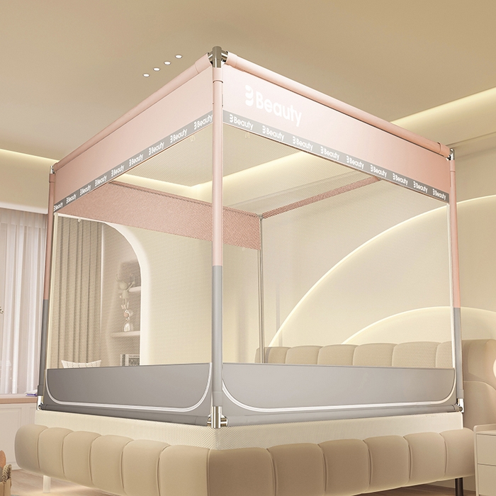 91家纺网 家纺一手货源 找家纺 青竹苑 2025新款无印字母三门坐床床笠底防摔蚊帐 粉灰