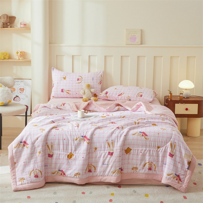 91家纺网 家纺一手货源 找家纺 2025新款小花款新疆棉花夏被【棉花含量100%】夏季空调被薄被子可机洗夏凉被 大耳兔-粉