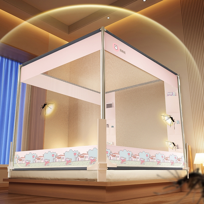 91家纺网 家纺一手货源 找家纺 青竹苑 2025新款围栏支架口袋款坐床防摔蚊帐 兔兔小镇