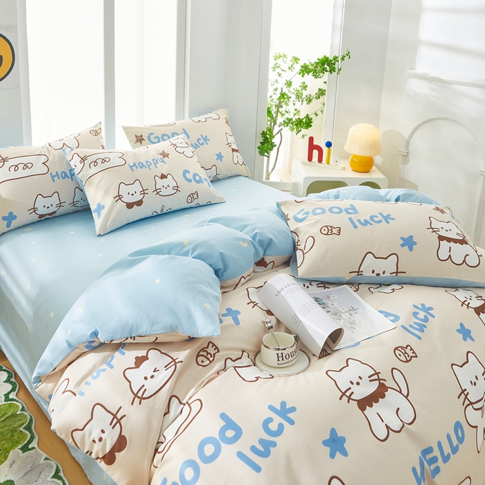 91家纺网 家纺一手货源 找家纺 黛妮雅 2025新款AB版全棉印花单被套床单枕套 幸运猫咪