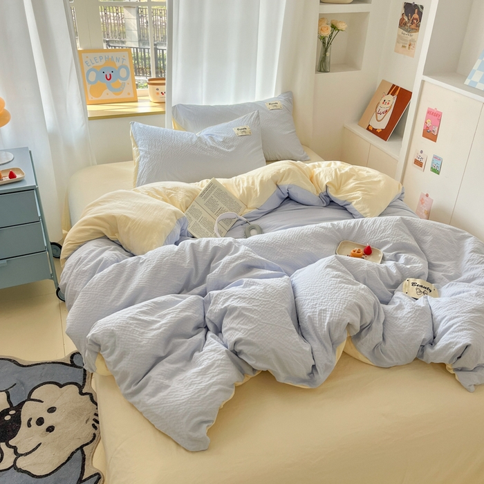 91家纺网 家纺一手货源 找家纺 桃心家居 2025新款A类韩系亲肤软糯甜格泡泡水洗棉撞色奶呼呼织标蝴蝶少女四件套 泡泡水洗棉-A甜格蓝黄