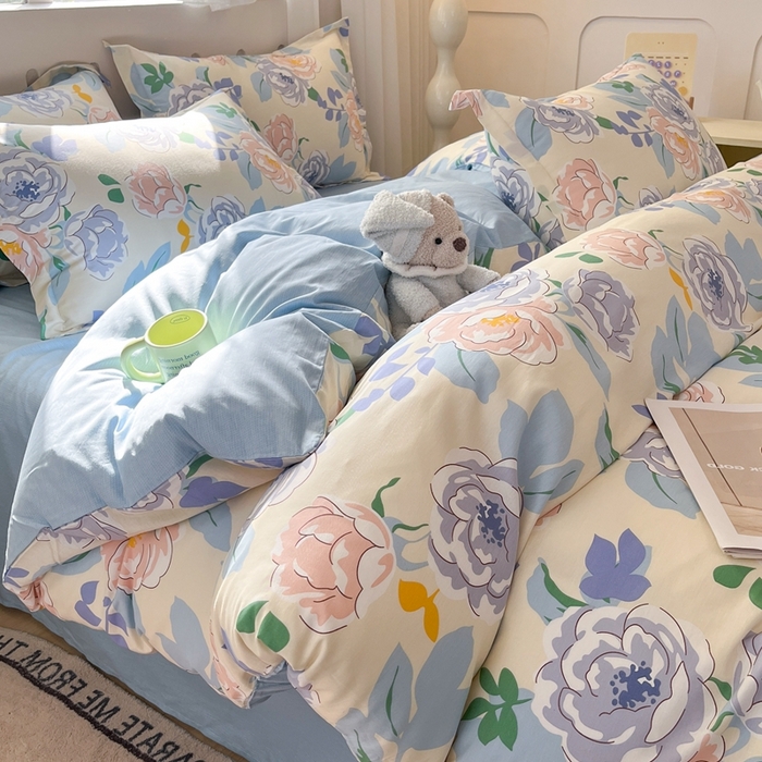 91家纺网 家纺一手货源 找家纺 大吉 2025新款100全棉纯棉喷气小清新被套四件套纯棉三件套床笠四件套单被套单枕套 山茶花开