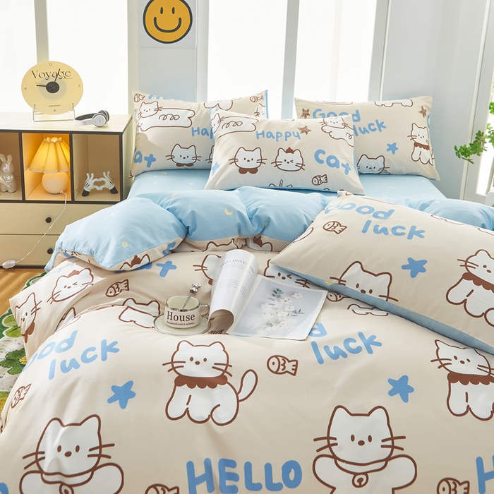 91家纺网 家纺一手货源 找家纺 黛妮雅 2025新款AB版全棉印花单被套床单枕套 幸运猫咪