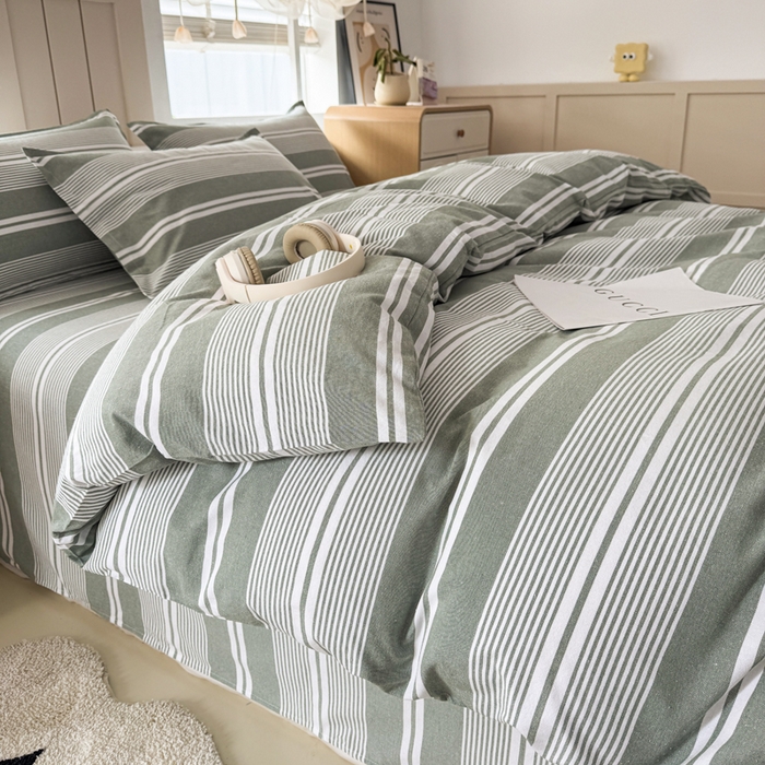 91家纺网 家纺一手货源 找家纺 首爱家纺 2025新款色织老粗布四件套全棉四件套纯棉四件套 绿条