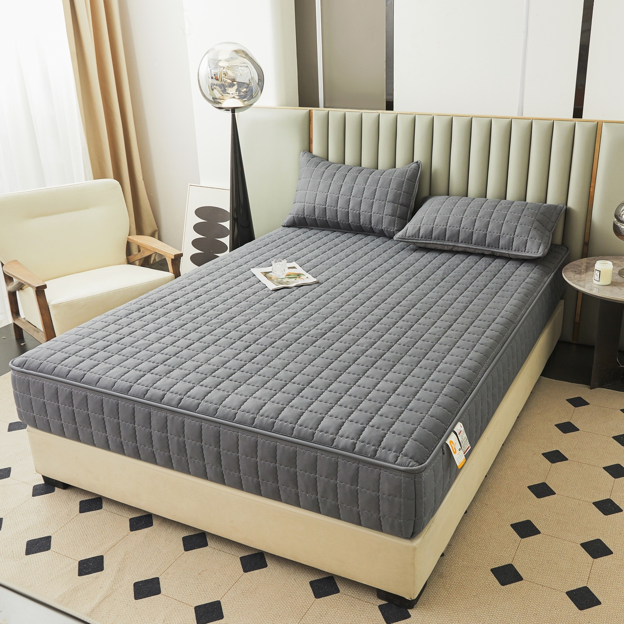 91家纺网 家纺一手货源 找家纺 欧邦 2025新款可拆卸六面全包夹棉床笠 五面夹棉-深灰