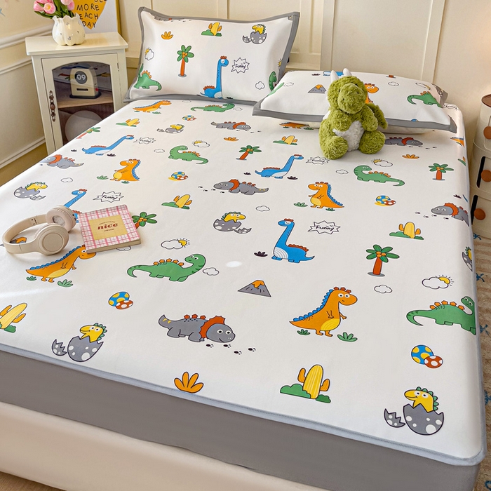 91家纺网 家纺一手货源 找家纺 富馨莱 2025新款床笠款冰藤印花凉席A类抗菌冰丝席支持定制尺寸 恐龙纪元