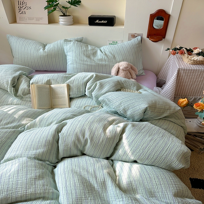 91家纺网 家纺一手货源 找家纺 田野2025新款全棉皱皱纱四件套 小半-绿紫