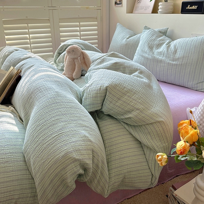 91家纺网 家纺一手货源 找家纺 田野2025新款全棉皱皱纱四件套 小半-绿紫