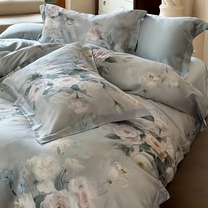 91家纺网 家纺一手货源 找家纺 2025春夏新品数码印花60兰精天丝宽边工艺款四件套 倾城-灰