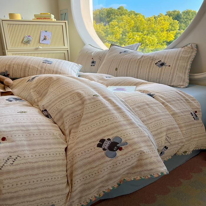 91家纺网 家纺一手货源 找家纺 葡萄家 2025爆款高克重彩色三角针A类针织双层纱四件套 提供买家秀 北鼻象