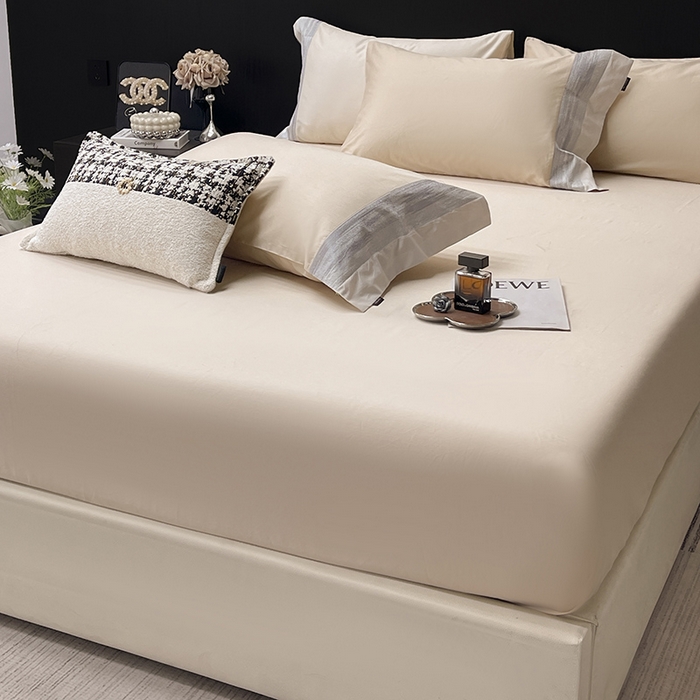 91家纺网 家纺一手货源 找家纺  2025新款直播爆款A类100支长绒棉夹棉床盖床笠四件套全棉纯棉床单加厚高端重工刺绣四季款床上用品 瑾雅-束缦杏