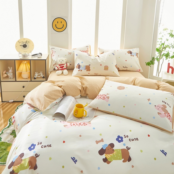 91家纺网 家纺一手货源 找家纺 黛妮雅 2025新款AB版全棉印花单被套床单枕套 腊肠狗