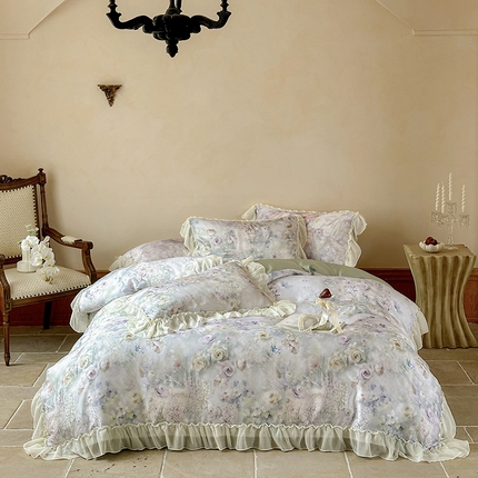 沐晴家纺 2025春夏新品数码印花60兰精天丝云纱四件套 繁夏-绿