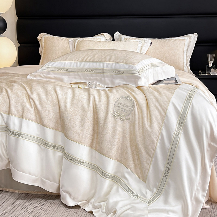 91家纺网 家纺一手货源 找家纺 高端轻奢A类母婴级兰精天丝全工艺刺绣四件套高端真丝夏季丝滑裸睡床上用品  维曼-香颂黄