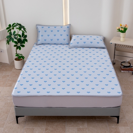 91家纺网 家纺一手货源 找家纺 凌云家纺  2025新款提花凉感冰丝席床笠款三明治凉席三件套 甜心-蓝