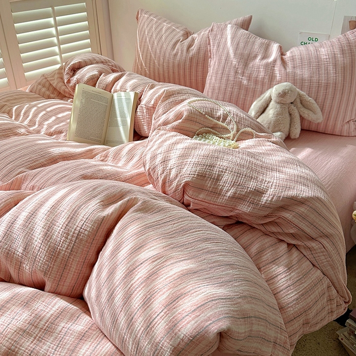 91家纺网 家纺一手货源 找家纺 田野2025新款全棉皱皱纱四件套 小半-粉米