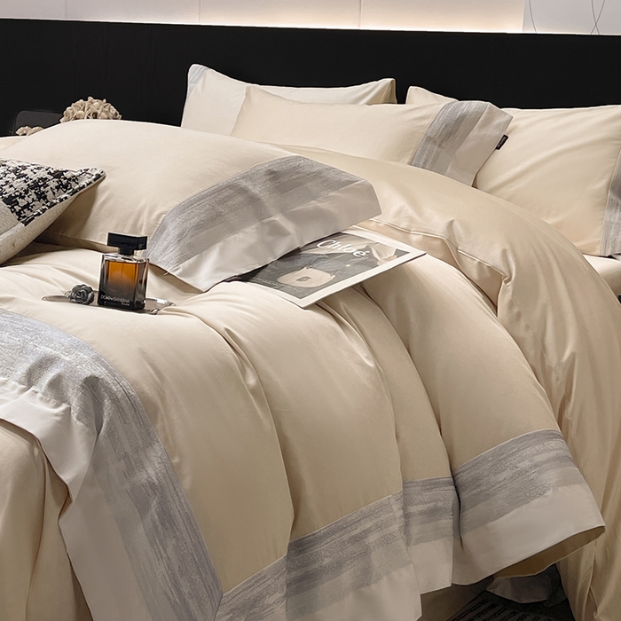 91家纺网 家纺一手货源 找家纺  2025新款直播爆款A类100支长绒棉夹棉床盖床笠四件套全棉纯棉床单加厚高端重工刺绣四季款床上用品 瑾雅-束缦杏